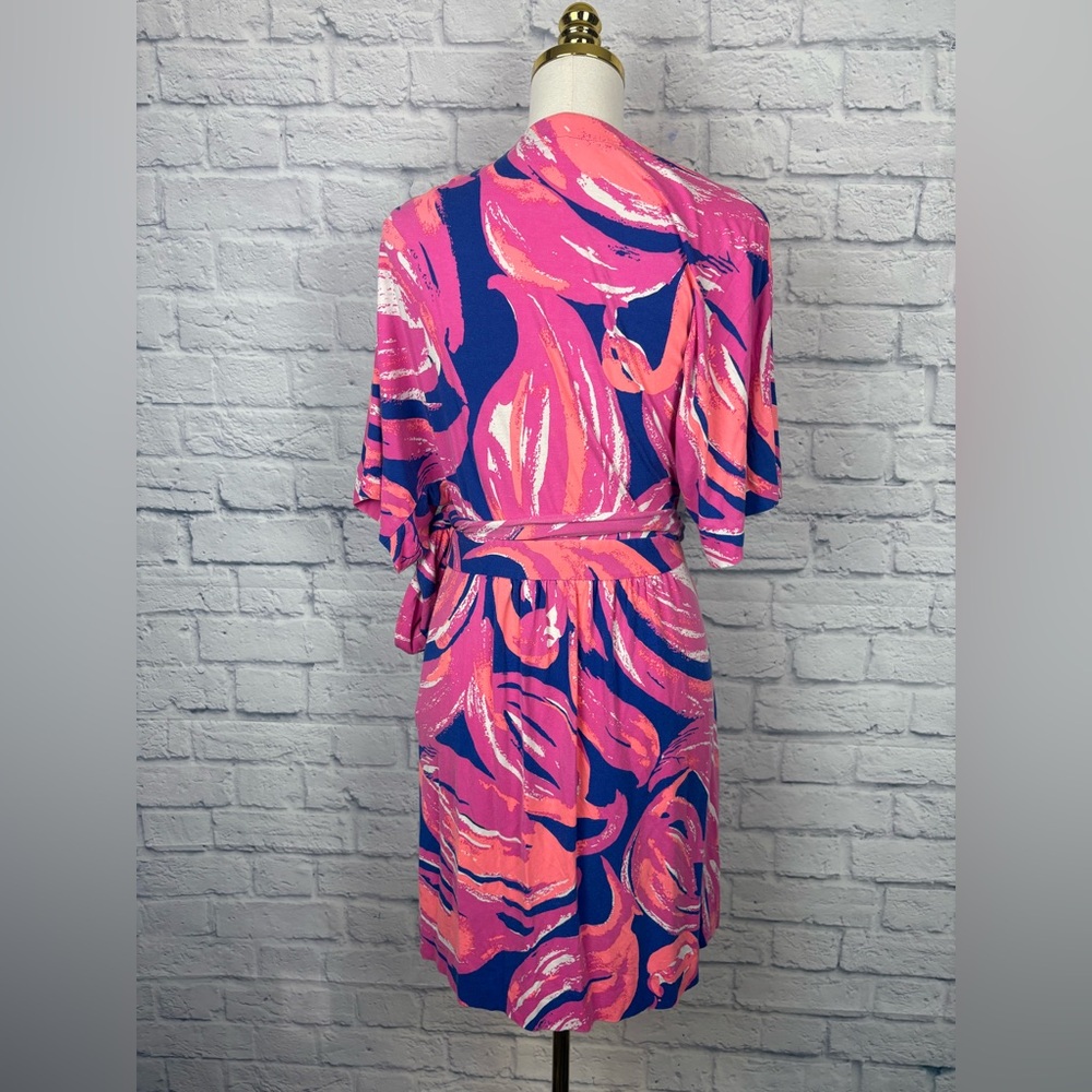 Lilly Pulitzer Pink, Coral & Blue Abstract Print Wrap Dress - Picture 4 of 8